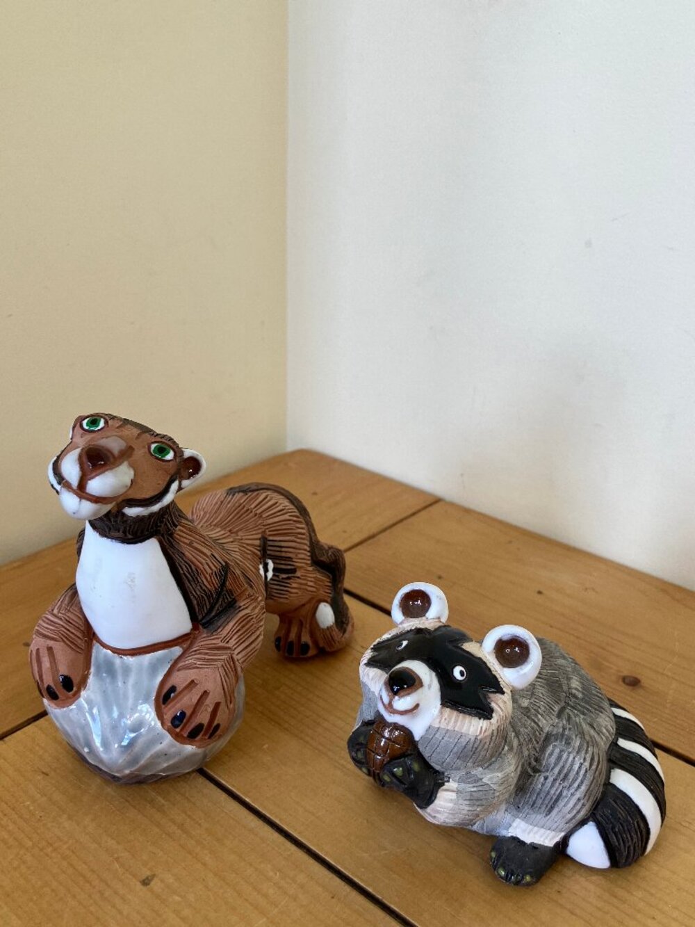 Casals Peru Sculpted Clay Pottery Animal Figurines Puma Lion & Raccoon Set of 2